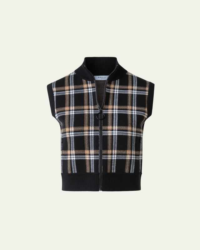 Plaid Jacquard Sleeveless Zip Sweater